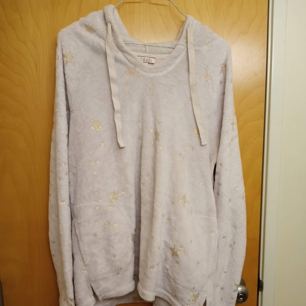 BLUSH Soft Fuzzy White With Gold Stars Hoodie